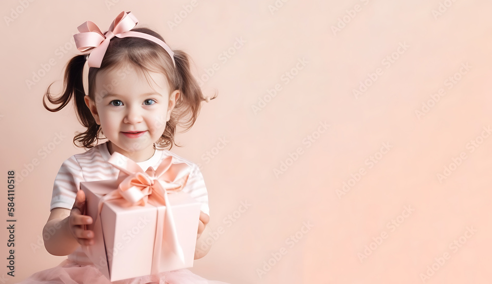 Toddler with gift box for mother's day, father's day, birthday with space for text, Generative Ai Toddler with gift box for mother's day, father's day, birthday with space for text, Generative Ai