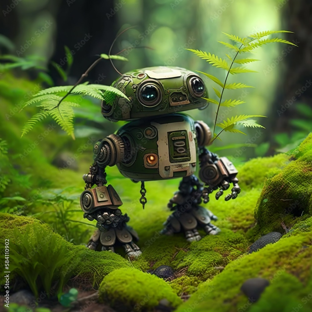 generative ai, modern robot, futuristic, digital, cybertech, cute tiny robot, matrix, hologram,green moss, high-tech, systems, world tech, cybernet, animal, computer, mobile phone, augmented reality, 