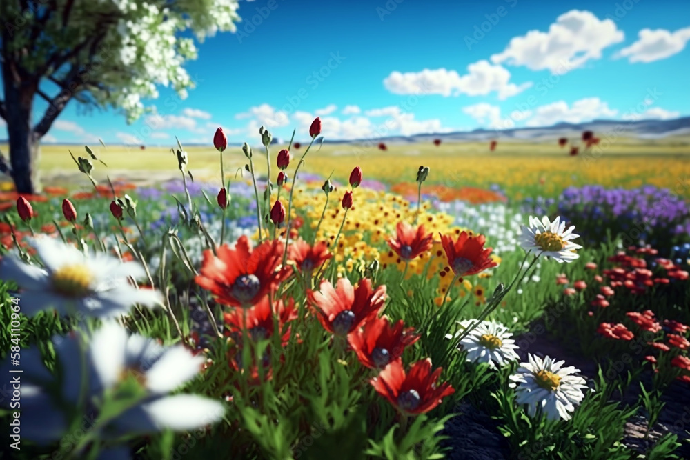 Beautiful spring field full of nice flowers while sunny day with beautiful blue sky on the background. Generative ai illustration