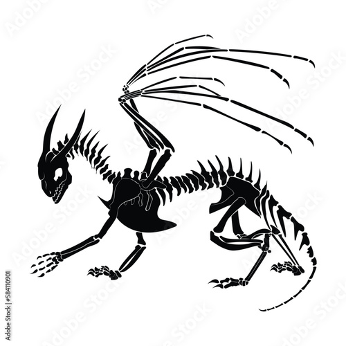 Silhouette dragon skeleton. Mythical creatures. Legendary animals. Great for printing on T-shirts, for tattoos and more