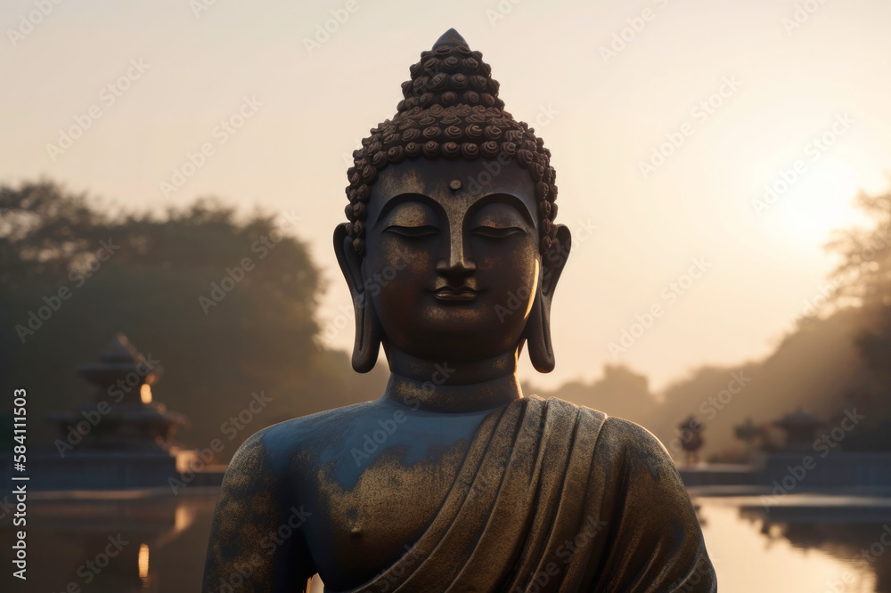 A statue of buddha in a park with the sun setting behind it. Generative Art. A statue of buddha in a park with the sun setting behind it. Generative Art.