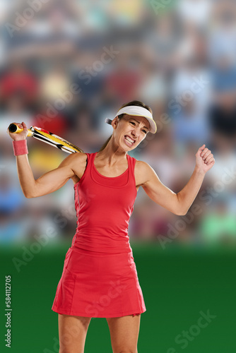 Emotional fit young professional sportswoman playing tennis on stadium with spectators