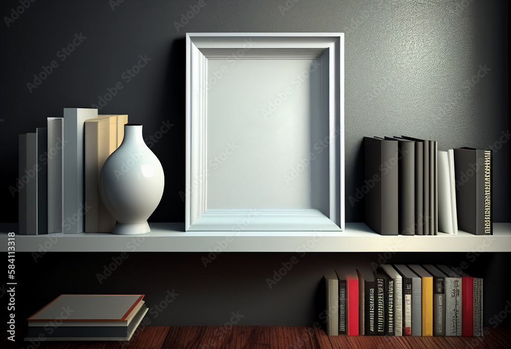 Empty frame on a shelf among books. Template for Design. AI generated. Mock Up. Empty frame on a shelf among books. Template for Design. AI generated. Mock Up.