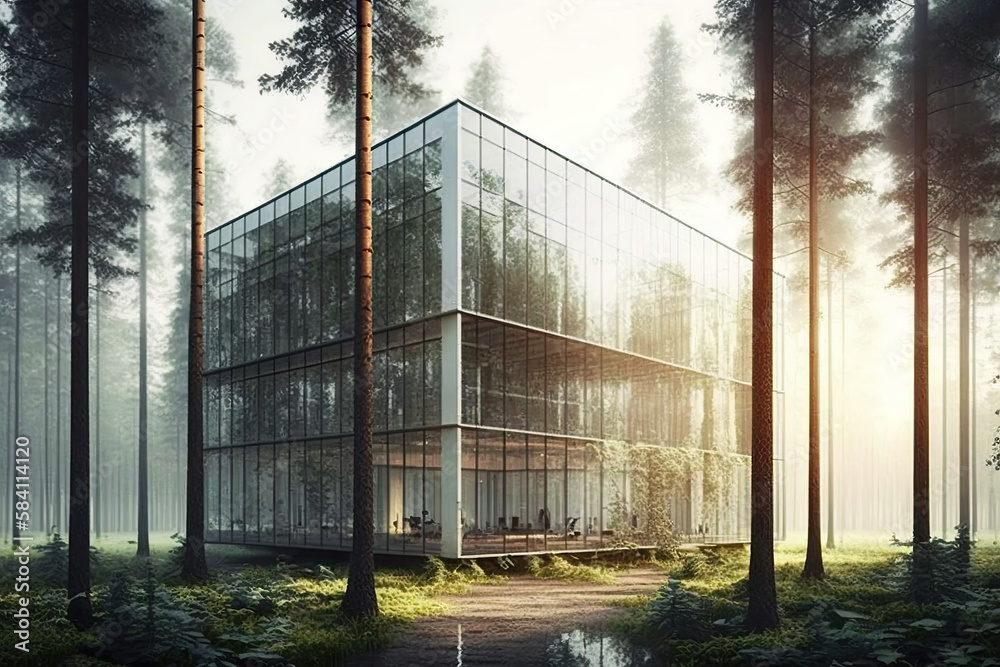 Sustainability in urban construction nowadays. Heat and carbon dioxide emissions can be reduced by both the glass structure's insulation and the surrounding forest. generative AI