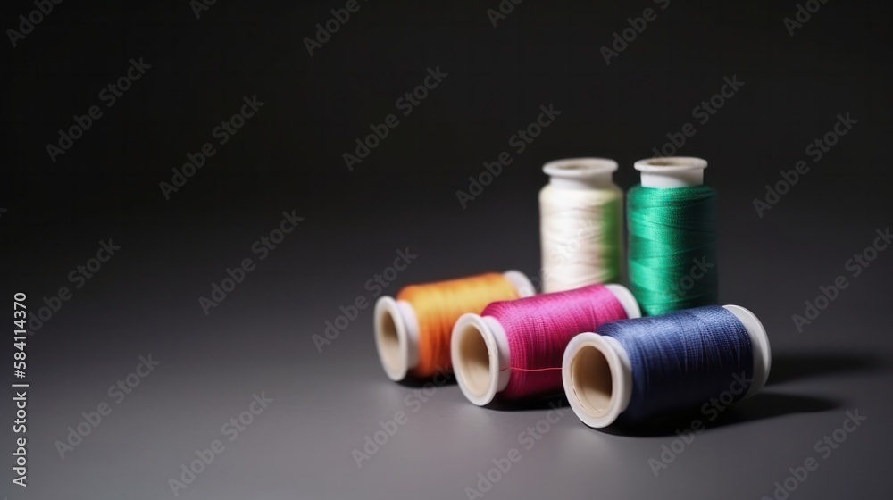 Multi-colored spools and needles with vast on dark background. Generative AI. Multi-colored spools and needles with vast on dark background. Generative AI.