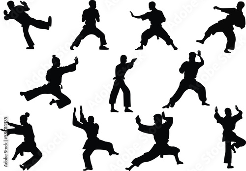 Set of Kung Fu silhouettes. Kung Fu martial art self-defense silhouettes vector illustrations set.