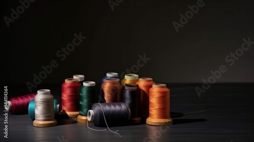 Multi-colored spools and needles with vast on dark background. Generative AI.