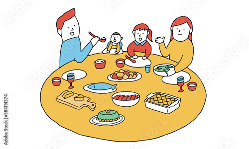 いろんな料理、食卓を囲む4人家族のイラスト