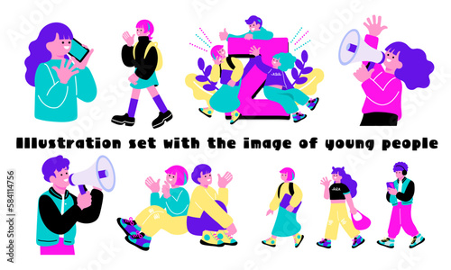 ポップなカラーの若者のイラストセット
