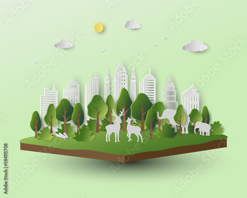World environment day concept with paper art eco city and animals wildlife on isometric landscape