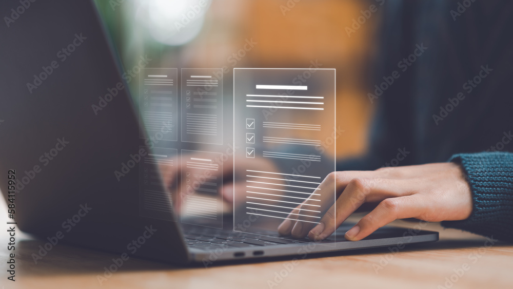 Businessman showing online document validation icon, Concepts of practices and policies, company articles of association Terms and Conditions, regulations and legal advice, corporate policy - obrazy, fototapety, plakaty 