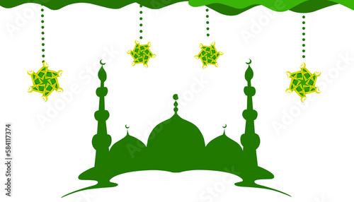 Background Illustration of the theme of Ramadan and Eid al-Fitr and Eid al-Adha, with a green mosque and hanging lanterns