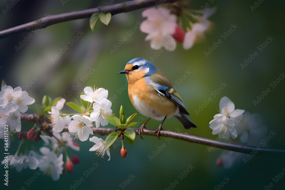 close up photography of a robin bird on a peach blossom branch. Generative AI