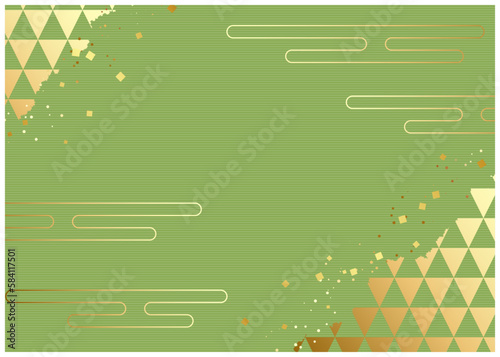 対角金箔うろこ模様と流水の和風景ヨコ緑