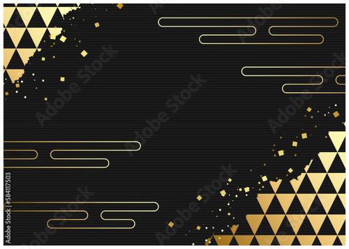 対角金箔うろこ模様と流水の和風景ヨコ黒