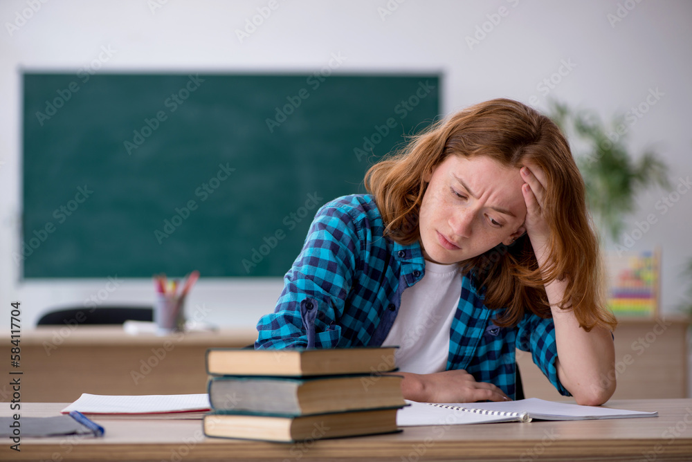 Young female student preparing for exam in the classroom Young female student preparing for exam in the classroom