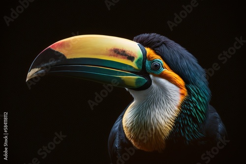 toucan on a black background, multicolored billed toucan isolated on a deep black background that highlights its exuberant plumage of vibrant tones