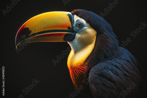 toucan bird, multicolored billed toucan isolated on a deep black background that highlights its exuberant plumage of vibrant tones