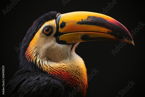 Multicolored billed toucan isolated on a deep black background that highlights its exuberant plumage of vibrant tones