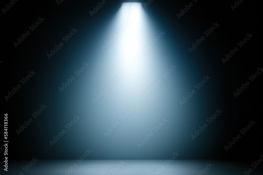 spotlight in dark room, smoke on the floor background, blue backdrop