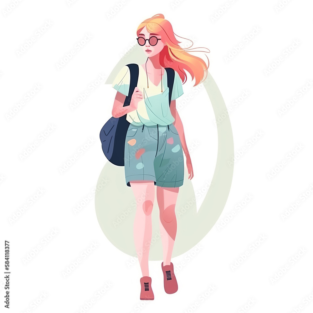 A girl in light summer clothes: a t-shirt, a short skirt, sandals and a bag. Vector flat image of a colorful-haired lady. Design for avatars, posters, backgrounds, templates, textiles A girl in light summer clothes: a t-shirt, a short skirt, sandals and a bag. Vector flat image of a colorful-haired lady. Design for avatars, posters, backgrounds, templates, textiles