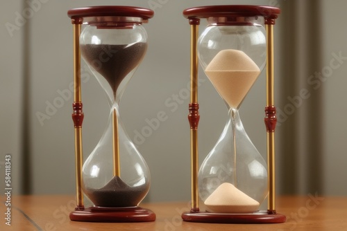hourglass on brown table, two retro time glass countdown timer, sand in glass