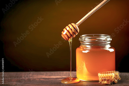 A wooden bowl with a honey dipper being dipped in honey, copyspace,  generative ai