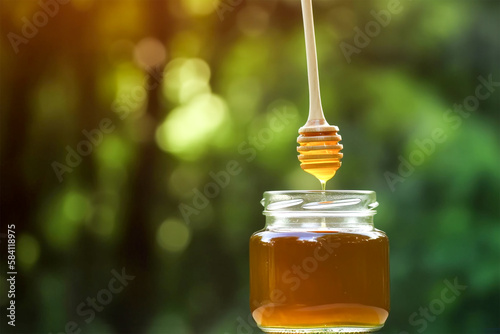 A wooden bowl with a honey dipper being dipped in honey, copyspace,  generative ai