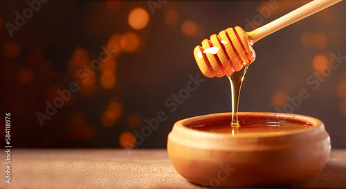 A wooden bowl with a honey dipper being dipped in honey, copyspace,  generative ai