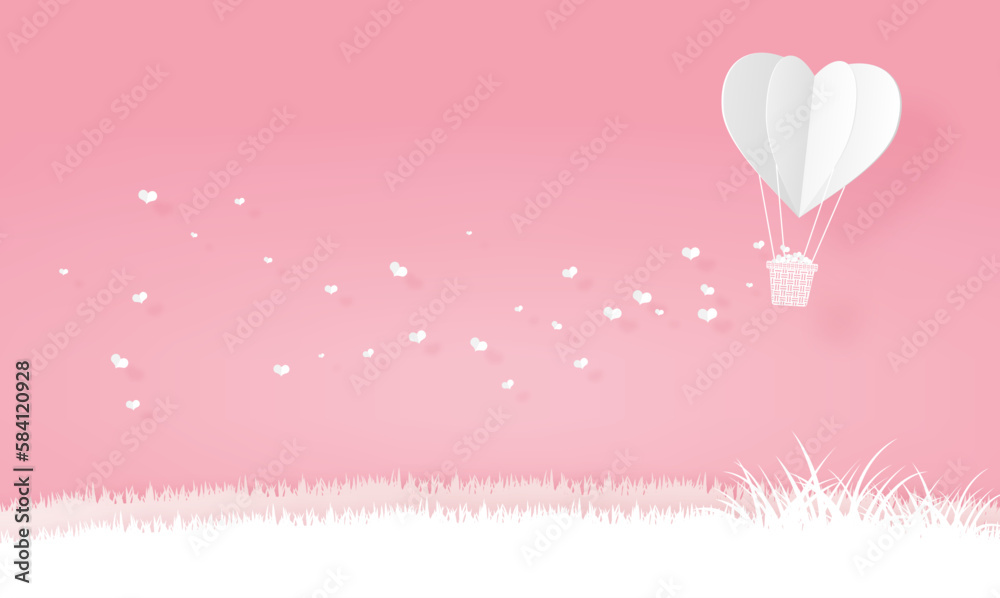 origami heart shape hot air balloons flying over the meadow or garden on the sky. valentine, paper art in pink and white background.