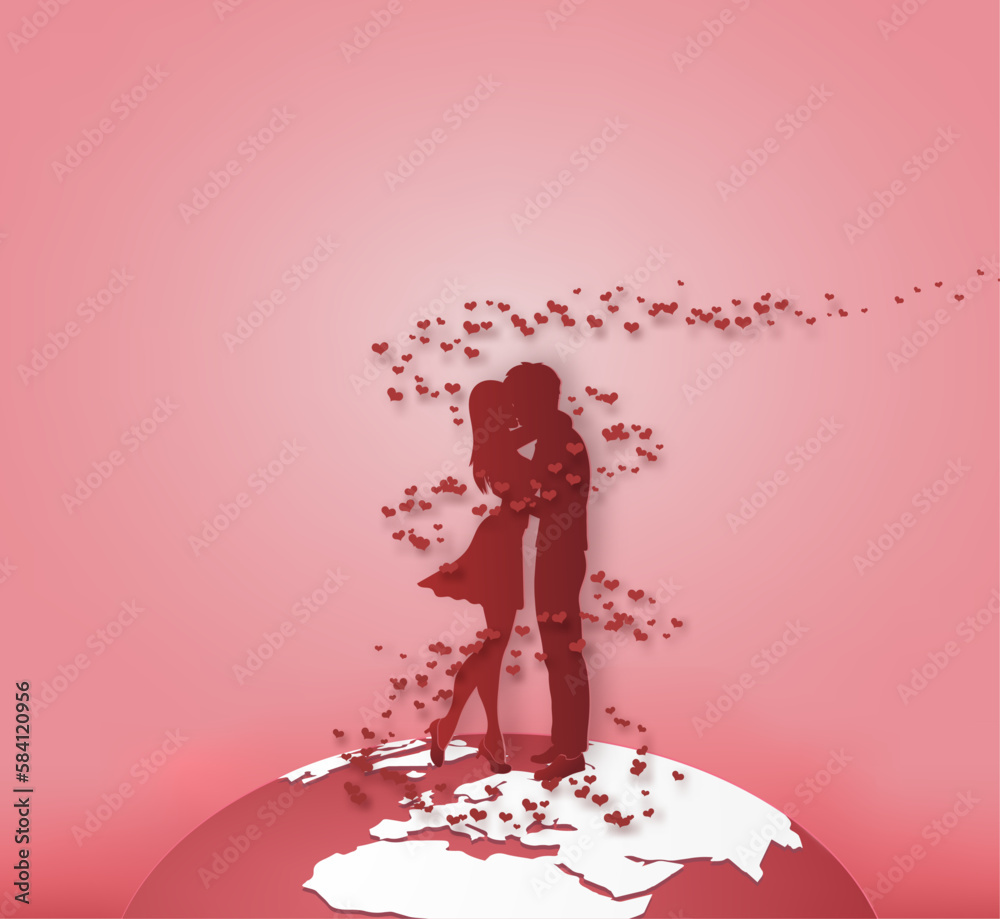 lover hugging on the earth model with hearts and red background. valentine, love, origami, paper art. lover hugging on the earth model with hearts and red background. valentine, love, origami, paper art.