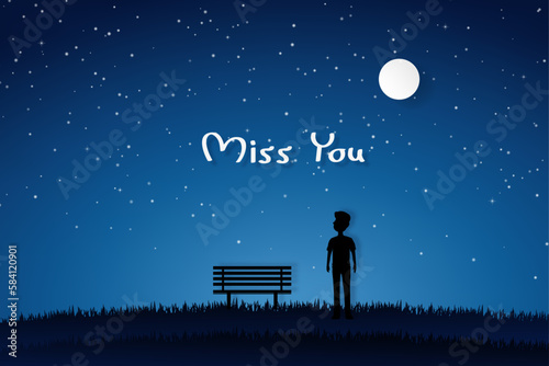 The boy stay in the garden with chair looking to the moon or star and miss a lover. valentine card, paper art in night sky or blue background.