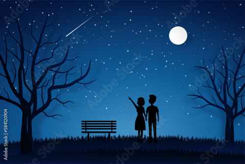 lover walking in the garden and looking to the moon or shooting star. valentine card, paper art in night sky or blue background.