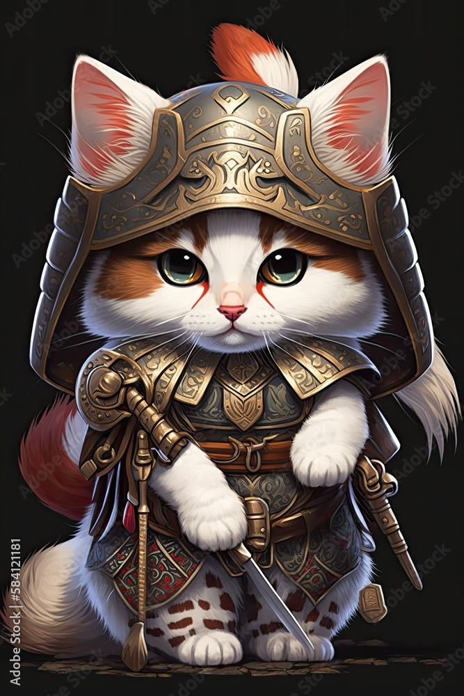 Chibi Anime Illustration of Turkish Van cat in Japanese Samurai Armor: Playful Adorable Design Featuring Cute Animal in Traditional Battle Gear, Perfect for Manga Fans (Generative AI