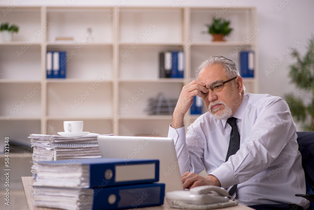 Old male employee working in the office Old male employee working in the office