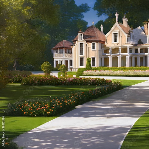 a stately country manor with a long driveway and formal gardens3, Generative AI photo