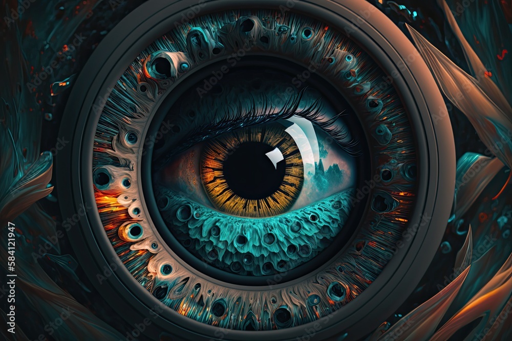 Eye in space. 3D surreal illustration. Sacred geometry. Mysterious psychedelic relaxation pattern. Fractal abstract texture. Digital artwork graphic astrology magic. Generative AI