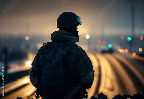 Soldier stands on the check point to the city military concept, ai generate photo