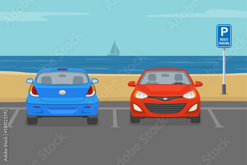 Outdoor parking scene. Parked cars on beach parking area. Front and back view of vehicles. Flat vector illustration template.