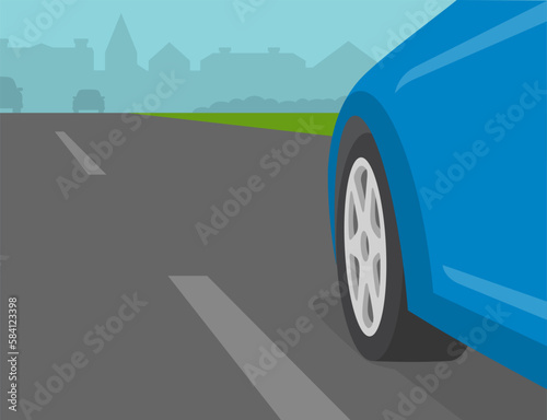 Close-up of front wheel of blue sedan car on a highway. Broken white road line. Flat vector illustration template.