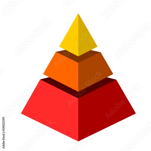 Abstract infographic illustration of yellow and red triangles divided and cut into thirds and space for text, Pyramid shape for presenting business ideas or disparity and statistical data