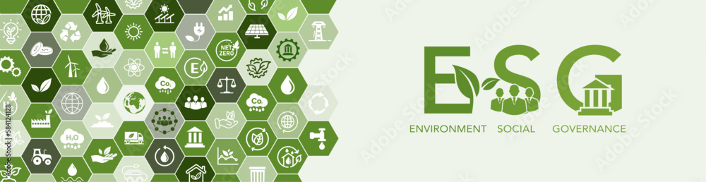 ESG Icon Banner - Environment, Society and Governance environmental concept social connection related icons environmental friendly icon set - obrazy, fototapety, plakaty 