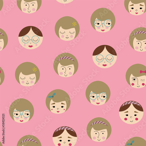 Feminine look, abstract personage, mascot design, funny face, cute icon.