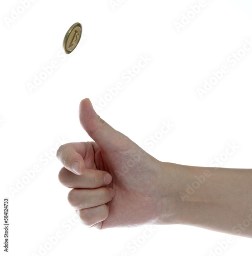 Hand tossing coin on white background