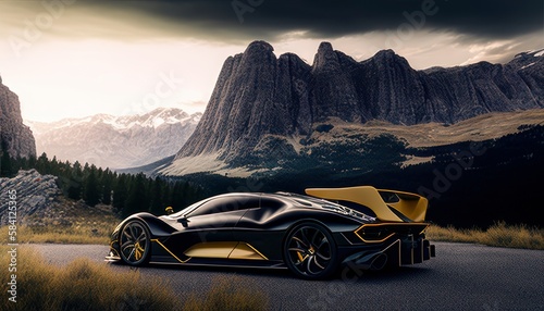 Most Extreme Production Super Car On The Planet standing on the road at sunset. Generative AI © Fernando