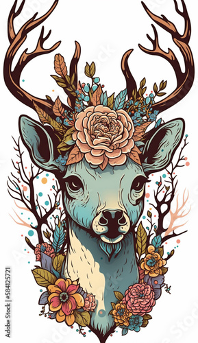 Cute deer head in flowers