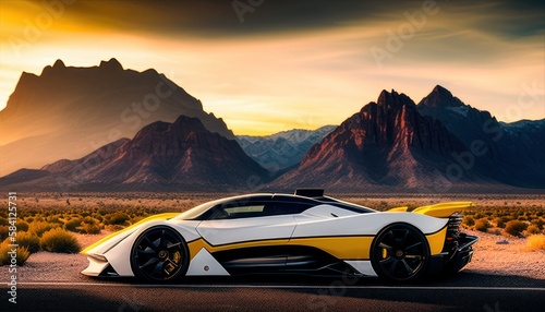 Most Extreme Production Super Car On The Planet standing on the road at sunset. Generative AI