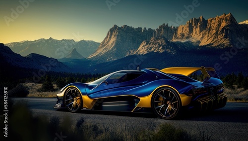 Most Extreme Production Super Car On The Planet standing on the road at sunset. Generative AI