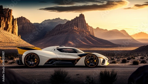 Most Extreme Production Super Car On The Planet standing on the road at sunset. Generative AI