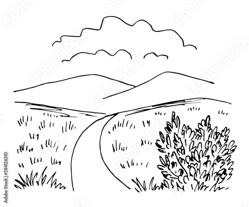 Simple black outline vector drawing. Nature, summer landscape. Mountains on the horizon, road, clouds in the sky. Grass and bushes. Sketch in ink.